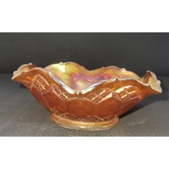 Vintage Iridescent Marigold CARNIVAL Bon Bon Dish 5 " Dia. Diamonds - Picture 6 of 7